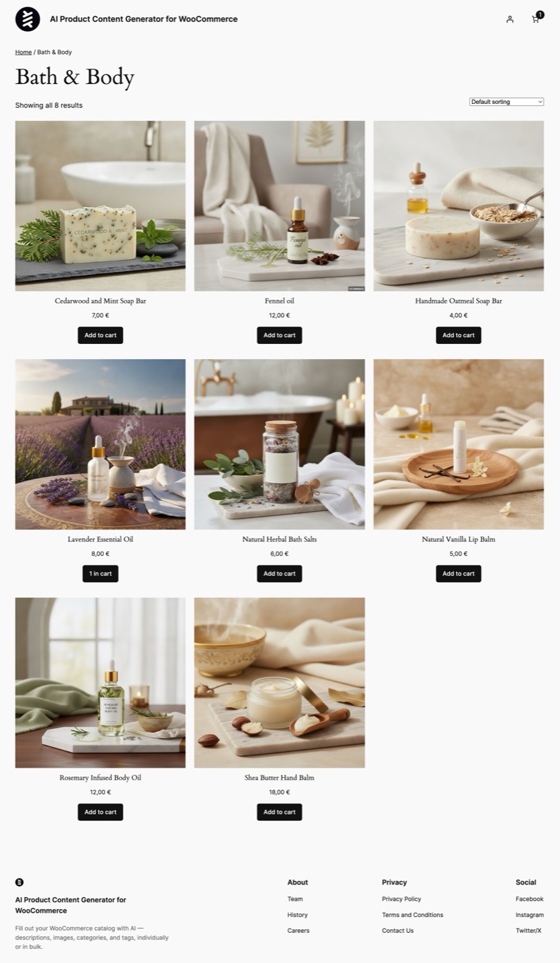 Live WooCommerce demo store with AI-generated product photos and descriptions