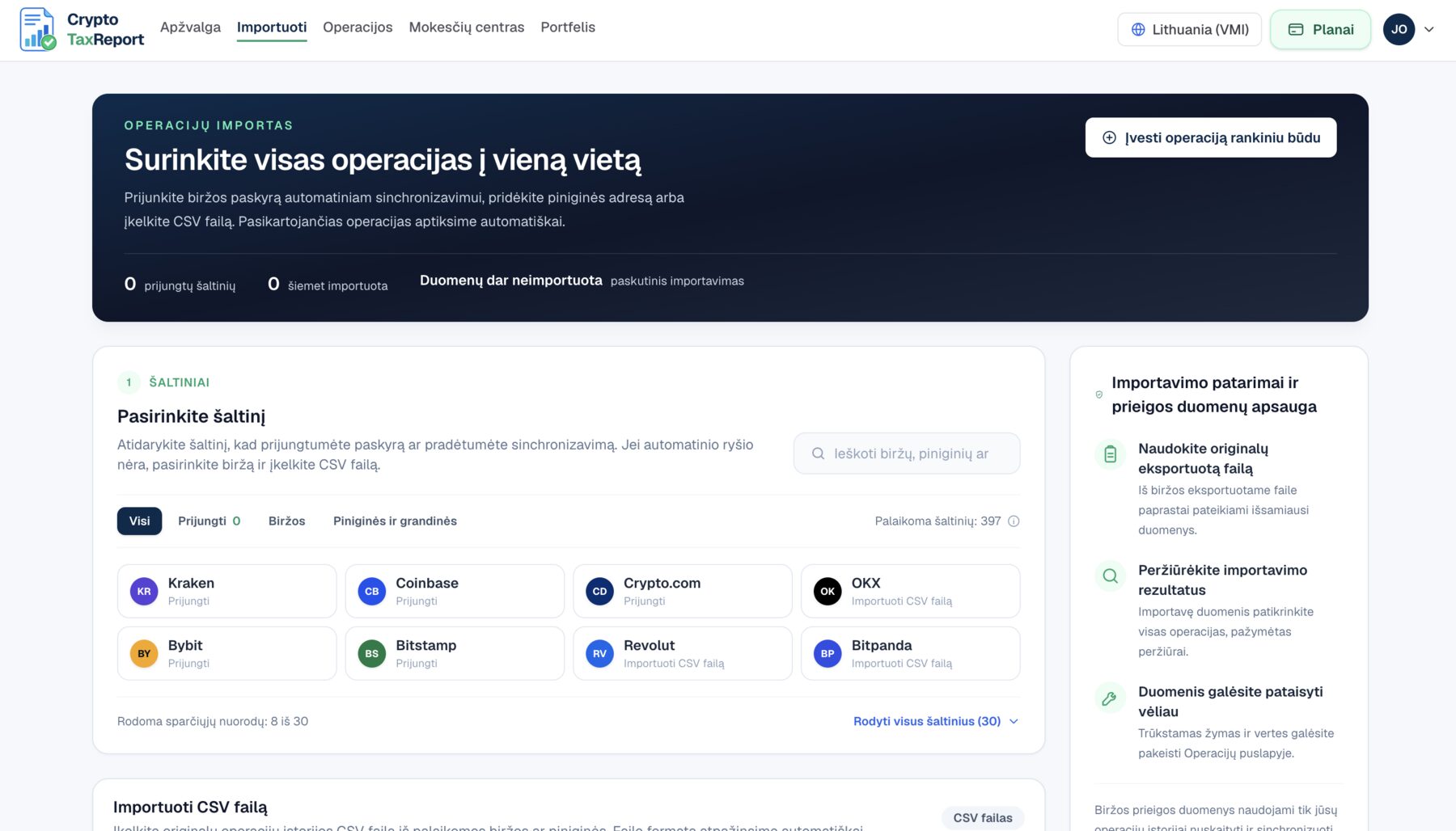 Import page listing supported exchanges such as Kraken, Coinbase and Crypto.com