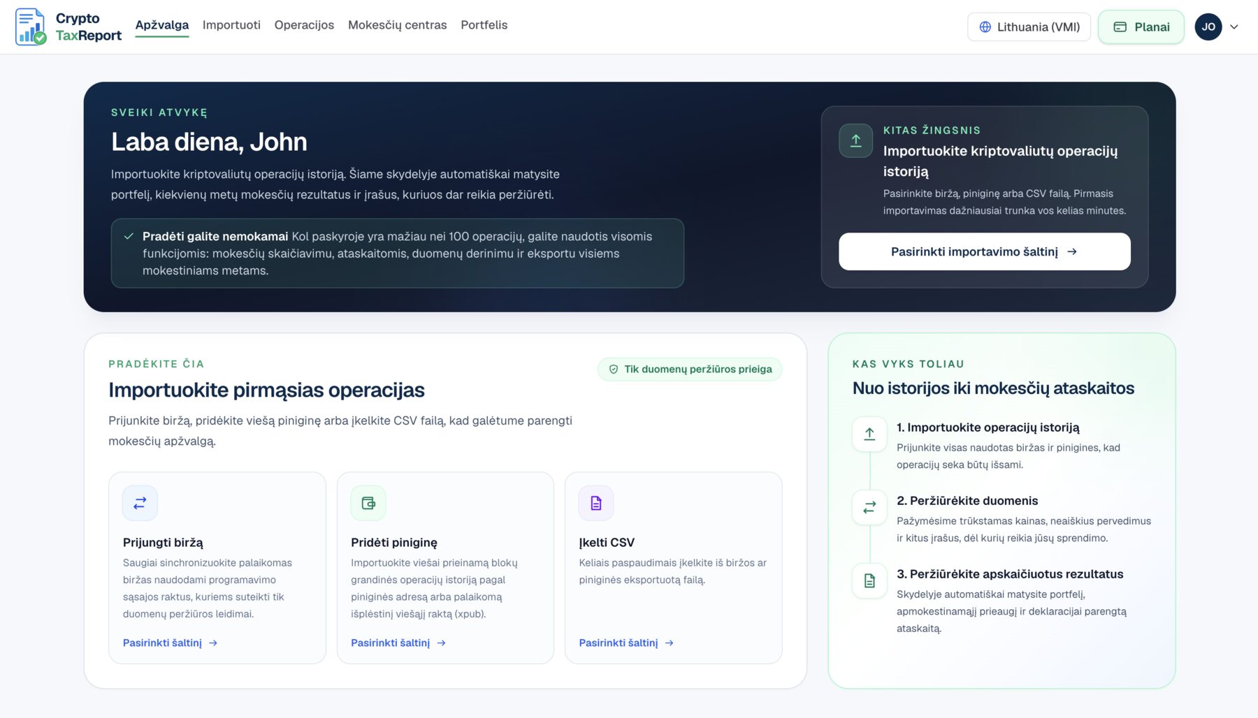 Crypto Tax Report overview dashboard with import options and next steps